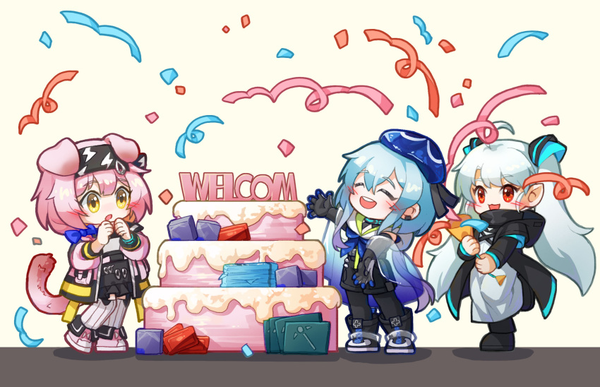 1boy 2girls :d :o ^_^ animal_ears arknights bangs beret black_gloves black_hairband black_jacket black_pants black_shorts black_skirt blue_bow blue_hair blue_headwear blush bow braid brown_background cake cat_ears cat_girl cat_tail closed_eyes commentary_request confetti doctor_(arknights) eyebrows_visible_through_hair female_doctor_(arknights) food fooyio frilled_skirt frills garter_straps gloves goldenglow_(arknights) grey_hair hair_between_eyes hair_bow hair_over_shoulder hairband hat highres hood hood_down hooded_jacket jacket layer_cake lightning_bolt_print long_hair long_sleeves mizuki_(arknights) multiple_girls open_clothes open_jacket pants parted_lips party_popper pink_footwear pink_hair pink_jacket puffy_long_sleeves puffy_sleeves red_eyes ribbed_legwear see-through shirt shoes short_shorts shorts simple_background single_braid skirt smile standing standing_on_one_leg streamers tail thigh-highs twintails very_long_hair white_legwear white_shirt yellow_eyes