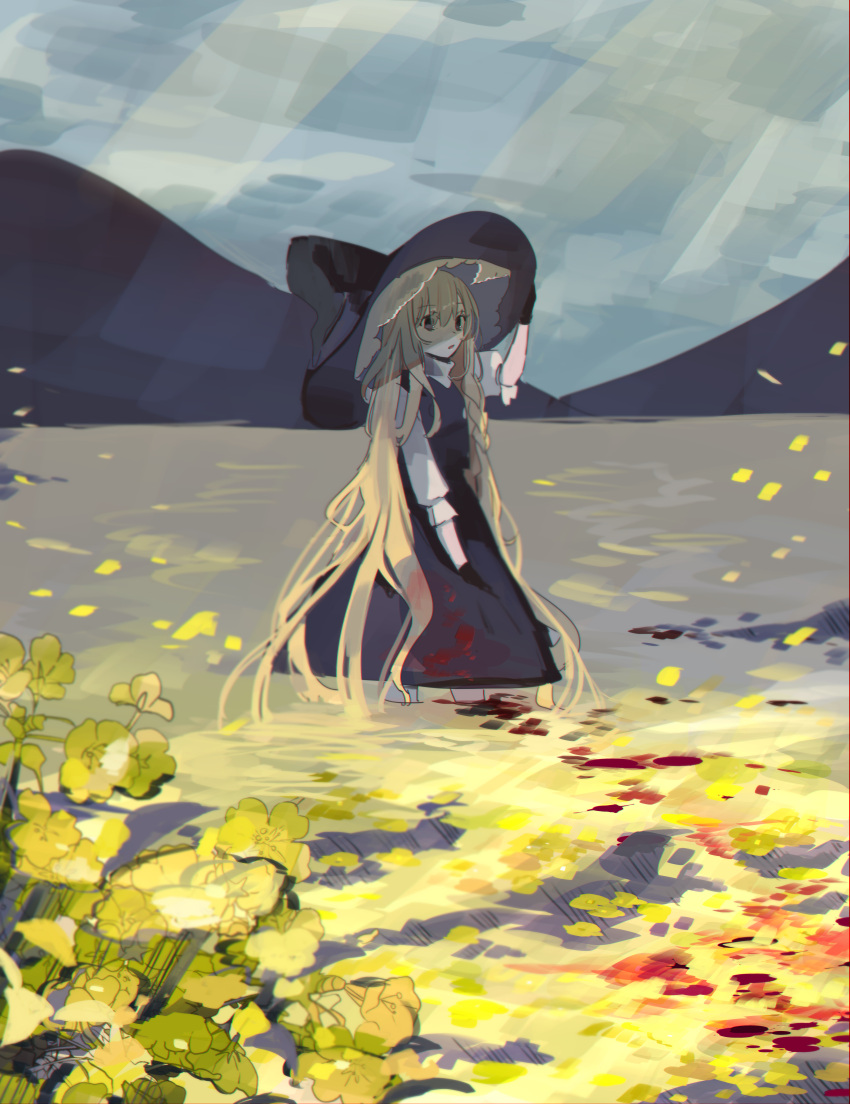 1girl absurdly_long_hair absurdres adjusting_clothes adjusting_headwear black_dress black_gloves black_headwear blonde_hair blood blood_on_clothes commentary dress eyebrows_visible_through_hair field flower flower_field full_body gloves grey_eyes hand_up hat highres kirisame_marisa large_hat long_hair long_sleeves looking_at_viewer mountain parted_lips petals shi_chimi shirt sky solo touhou very_long_hair white_shirt witch_hat yellow_flower