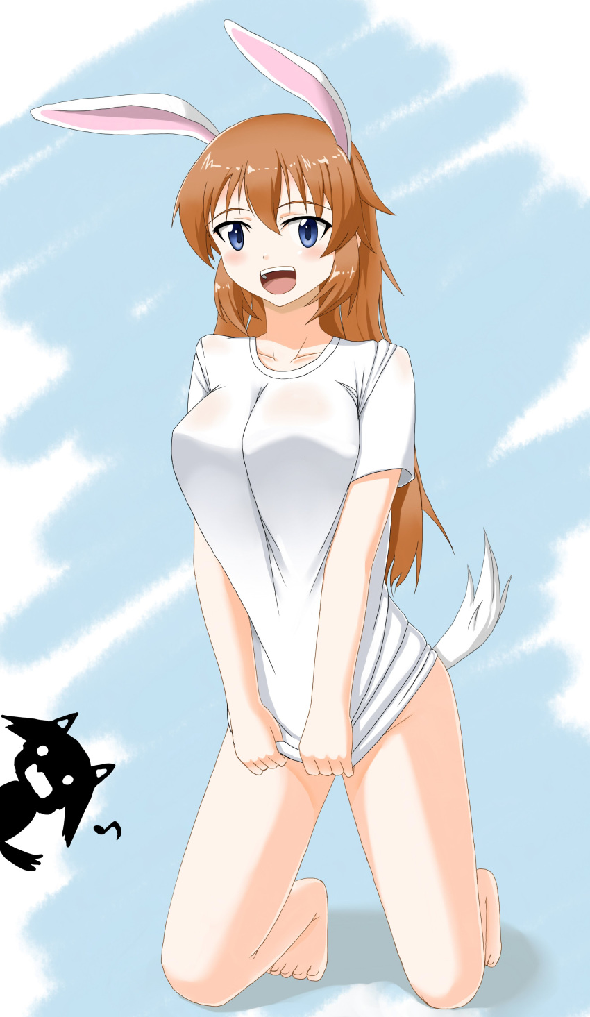 2girls absurdres animal_ears blue_eyes blush bottomless breasts brown_hair charlotte_e._yeager collarbone eyebrows_visible_through_hair full_body highres hiroshi_(hunter-of-kct) kneeling large_breasts long_hair looking_at_viewer miyafuji_yoshika multiple_girls no_panties open_mouth rabbit_ears rabbit_tail shiny shiny_hair shirt silhouette_demon simple_background smile strike_witches tail white_shirt world_witches_series