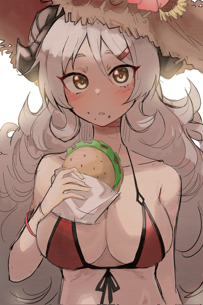 1girl bikini blue_archive blush breasts burger demon_horns flower food food_on_face front-tie_top hair_ornament hairclip hat hat_flower highres holding holding_food horns izumi_(blue_archive) large_breasts light_brown_hair long_hair looking_at_viewer red_bikini roly_loli simple_background sketch solo straw_hat sun_hat swimsuit upper_body very_long_hair wavy_hair white_background yellow_eyes