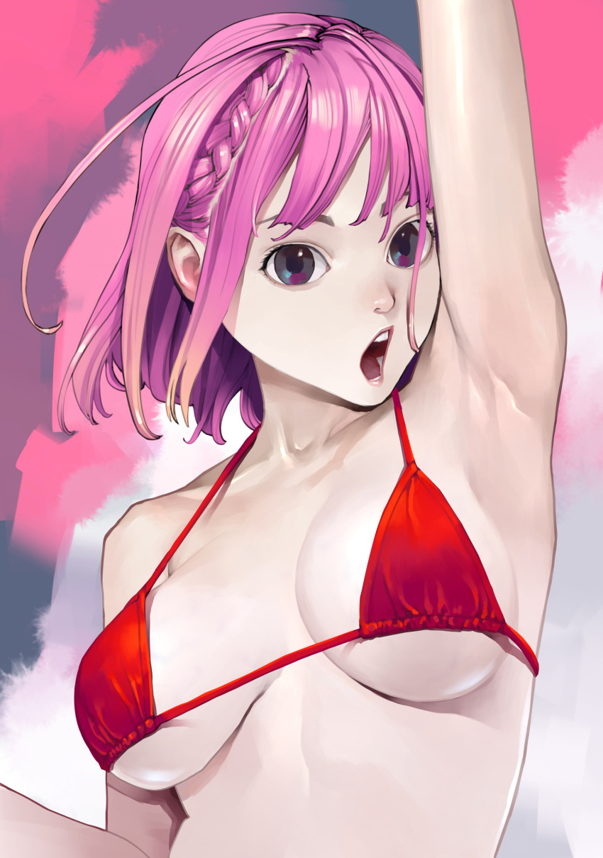 1girl arm_up armpits bangs bikini black_eyes braid breasts breasts_apart halter_top halterneck highres inamitsu_shinji looking_at_viewer medium_breasts open_mouth original pink_hair red_bikini reward_available short_hair solo swimsuit tareme teeth unfinished unfinished_background upper_body