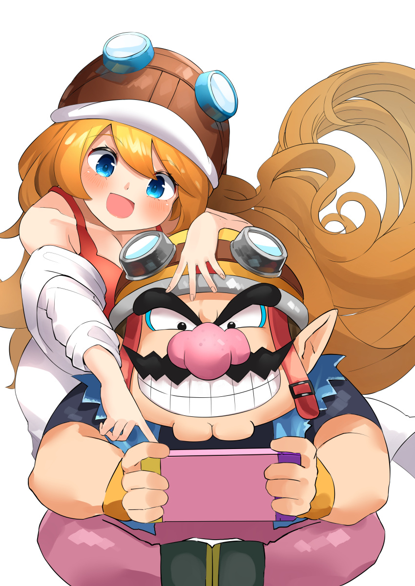 1boy 1girl absurdly_long_hair absurdres arm_rest bare_shoulders behind_another blonde_hair blue_eyes brown_hair camisole coat dragon_star2 facial_hair fingernails goggles goggles_on_headwear grin hand_on_another's_head handheld_game_console helmet highres holding holding_handheld_game_console labcoat long_hair looking_at_object mona_(warioware) mustache nose off_shoulder open_mouth outstretched_arm pants pink_nose playing_games pointing pointy_ears shiny shiny_hair shirt short_sleeves simple_background sitting smile super_mario_bros. teeth v-shaped_eyebrows very_long_hair vest wario warioware white_background white_coat wristband
