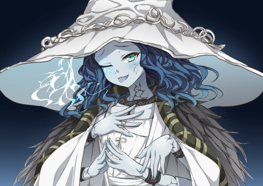 :p blue_eyes blue_hair blue_skin colored_skin crack cracked_skin doll doll_joints elden_ring extra_arms extra_faces fur_coat glowing_tattoo hanuma_hanma hat jewelry joints one_eye_closed ranni_the_witch ring robe simple_background tattoo tongue tongue_out wavy_hair witch witch_hat