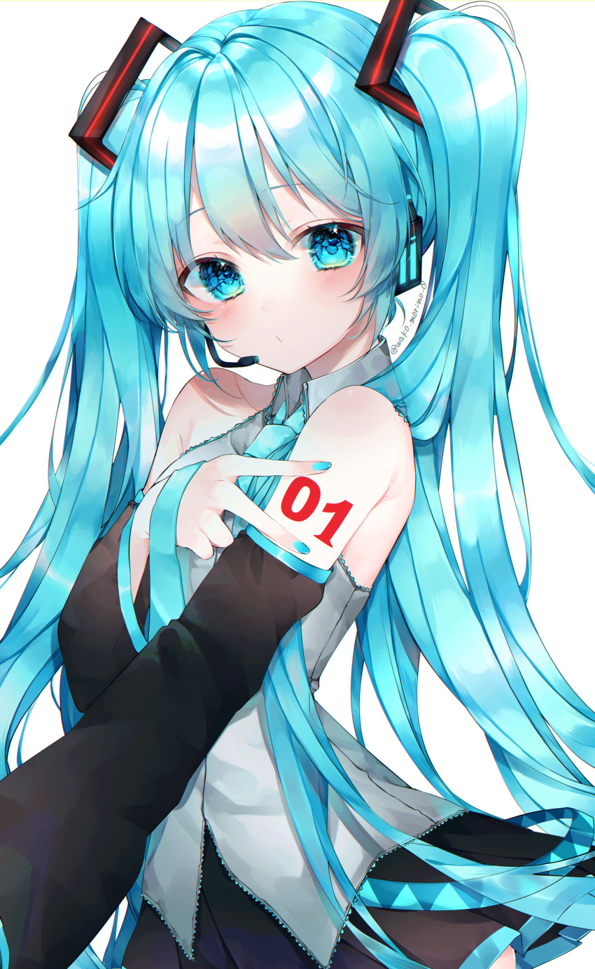1girl 39 absurdres artist_name bangs bare_shoulders black_skirt blue_eyes blue_hair blue_nails blue_necktie blush breasts closed_mouth detached_sleeves eyebrows_visible_through_hair eyes_visible_through_hair fingernails grey_shirt hair_between_eyes hair_ornament hand_up hatsune_miku headphones highres long_fingernails long_hair long_sleeves looking_at_viewer medium_breasts microphone nail_polish necktie shirt simple_background skirt sleeveless sleeveless_shirt solo standing twintails v vocaloid wako_morino white_background wide_sleeves