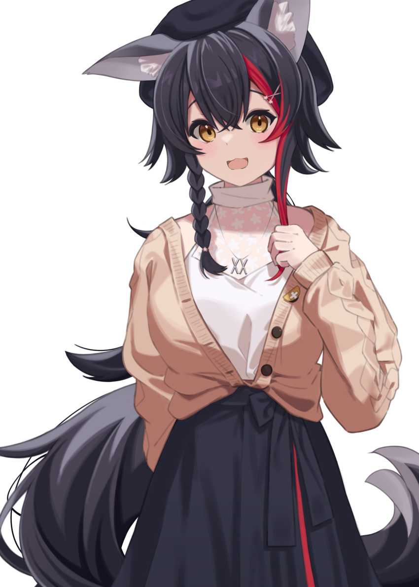 1girl absurdres animal_ears bangs beret black_hair black_headwear black_skirt blush breasts brown_cardigan brown_eyes cardigan commentary cowboy_shot crossed_bangs hair_between_eyes hair_ornament hairclip hat highres hololive jewelry long_hair looking_at_viewer medium_breasts multicolored_hair necklace official_alternate_costume ookami_mio open_cardigan open_clothes open_mouth redhead see-through shirt shirt_tucked_in simple_background skirt sleeveless sleeveless_shirt smile solo streaked_hair unbuttoned very_long_hair virtual_youtuber white_background white_hair white_shirt wolf_ears wolf_girl yomogi_uehara