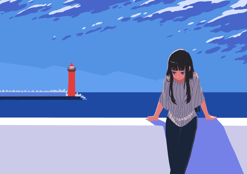 1girl black_hair black_pants blue_eyes blue_sky closed_mouth clouds commentary_request day highres horizon lighthouse long_hair long_sleeves ocean original outdoors pants shadow shirt sky solo striped striped_shirt white_shirt window1228