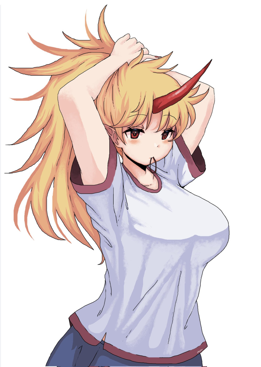 1girl adjusting_hair arms_behind_head arms_up bangs blonde_hair blue_skirt breasts eyebrows_visible_through_hair hair_tie_in_mouth highres horns hoshiguma_yuugi large_breasts long_hair moonii_desu mouth_hold oni pointy_ears ponytail red_eyes simple_background single_horn skirt solo touhou tying_hair white_background