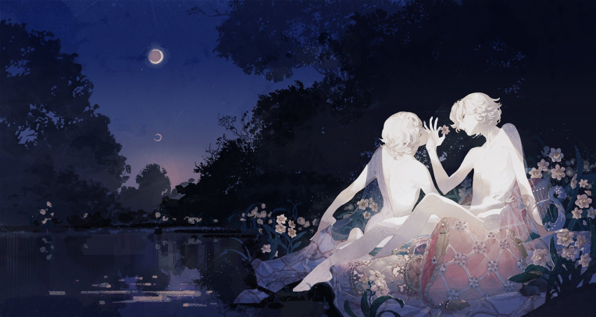 2boys arm_support bare_back blanket chiton clothes_grab commentary crescent_moon dual_persona flower greek_mythology hair_between_eyes hand_up harp highres holding holding_flower instrument kiss kissing_hand knee_up lake light_particles male_focus moon multiple_boys narcissism narcissus nature night night_sky on_ground outdoors outstretched_leg pale_skin parted_lips plantar_flexion riverbank sainker see-through selfcest short_hair sitting sky water white_hair wide_shot
