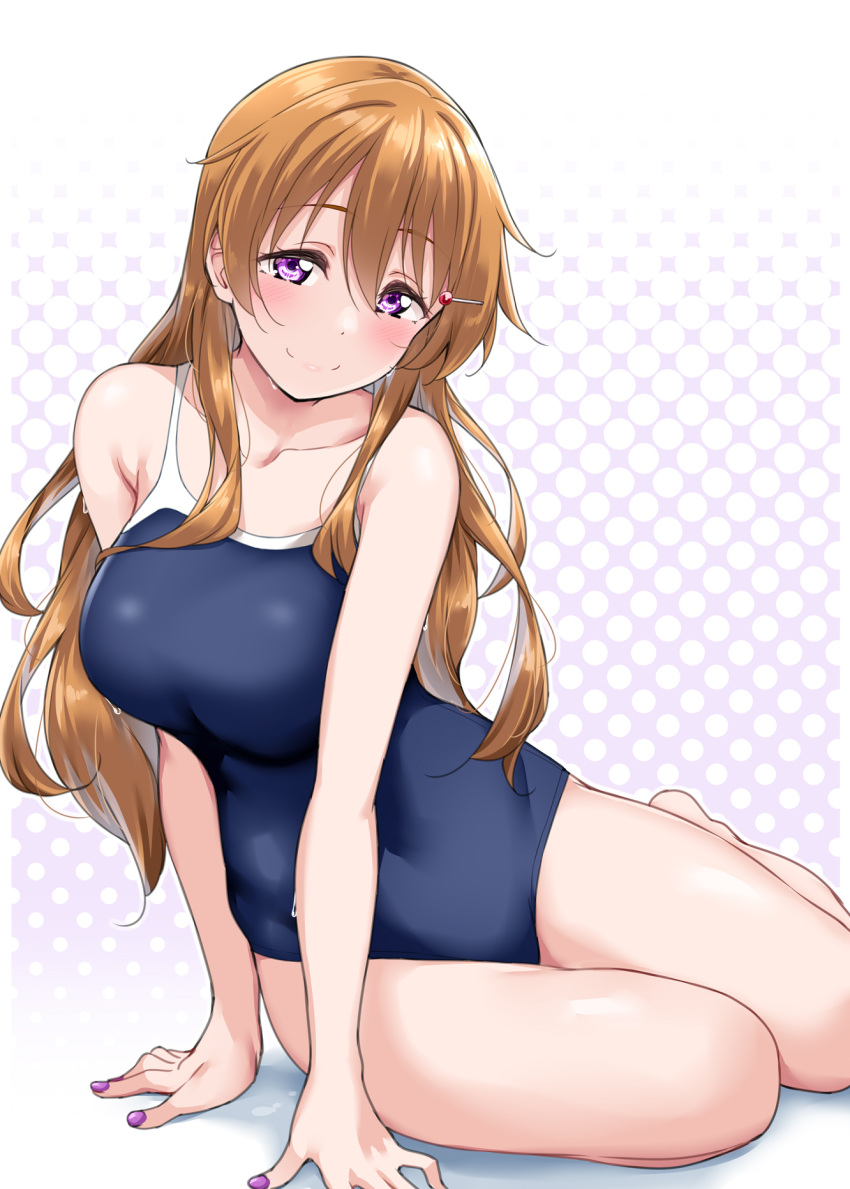 1girl bangs bare_arms bare_legs bare_shoulders blue_swimsuit blush brown_hair closed_mouth competition_swimsuit hair_ornament highres konoe_kanata long_hair looking_at_viewer love_live! love_live!_nijigasaki_high_school_idol_club nail_polish one-piece_swimsuit purple_nails smile solo swimsuit thighs violet_eyes yopparai_oni