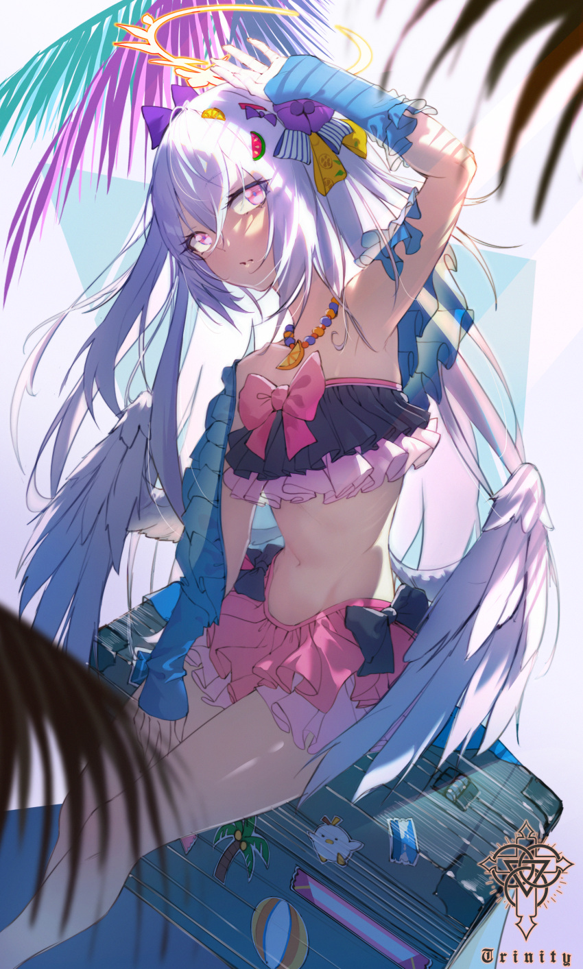 1girl absurdres arm_up artist_name azusa_(blue_archive) bikini blue_archive bow branch feathered_wings flower frilled_bikini frills hair_between_eyes hair_flower hair_ornament halo highres long_hair midriff roon_(ddeer2010) silver_hair solo sticker stomach suitcase swimsuit tree_shade very_long_hair violet_eyes white_wings wings
