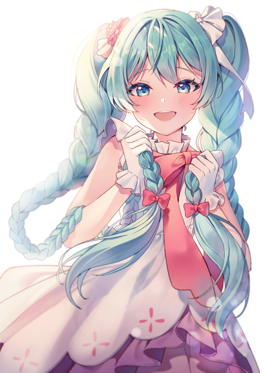 1girl absurdres backlighting bangs blush bow bowtie braid dress eyelashes frilled_dress frills gloves green_eyes green_hair hair_between_eyes hair_bow hair_ornament hatsune_miku highres holding holding_hair large_bow long_hair looking_at_viewer open_mouth pink_bow pink_bowtie pongu shadow smile solo twin_braids vocaloid white_gloves