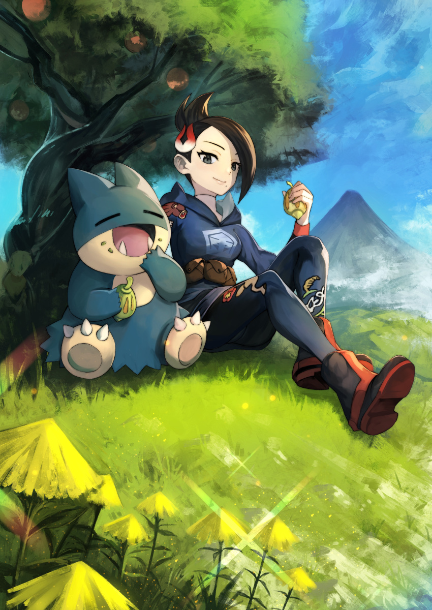 1girl absurdres black_hair boots brown_bag character_print closed_mouth commentary_request day eating eyelashes food food_on_face grass grey_eyes hair_ornament hand_up highres holding jacket looking_down mai_(pokemon) mole mole_under_mouth munchlax outdoors pantyhose pokemon pokemon_(creature) pokemon_(game) pokemon_legends:_arceus short_hair sitting skirt smile sparkle teo_(telo_ruka) tree ursaring