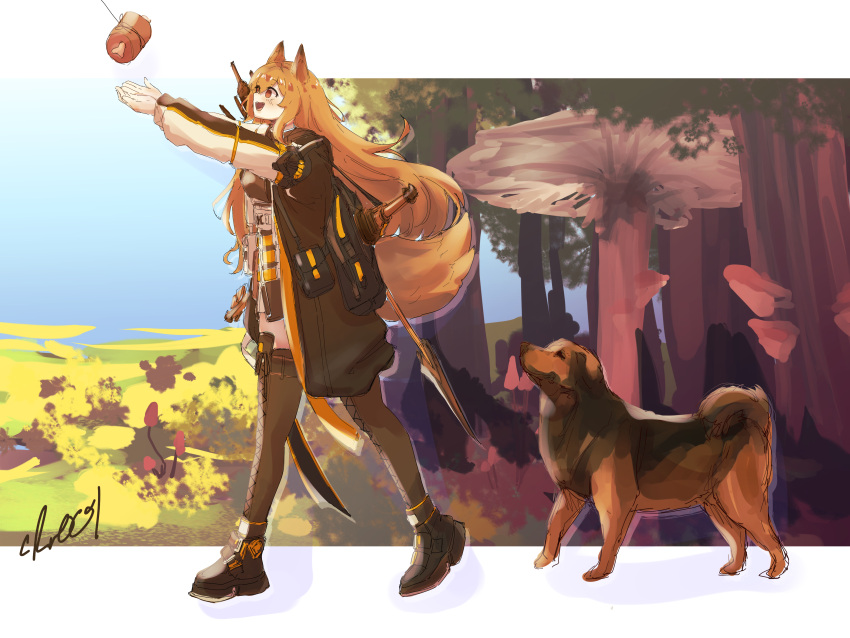 1girl absurdres animal_ears arknights blush boned_meat brown_coat brown_footwear brown_hair brown_legwear brown_shirt carrot_on_stick ceobe_(arknights) coat crr001 dog dog_ears dog_girl dog_tail excited fang food from_side full_body highres long_hair long_sleeves meat open_clothes open_coat open_mouth outdoors reaching_out red_eyes sheath sheathed shirt solo tail thigh-highs very_long_hair walking
