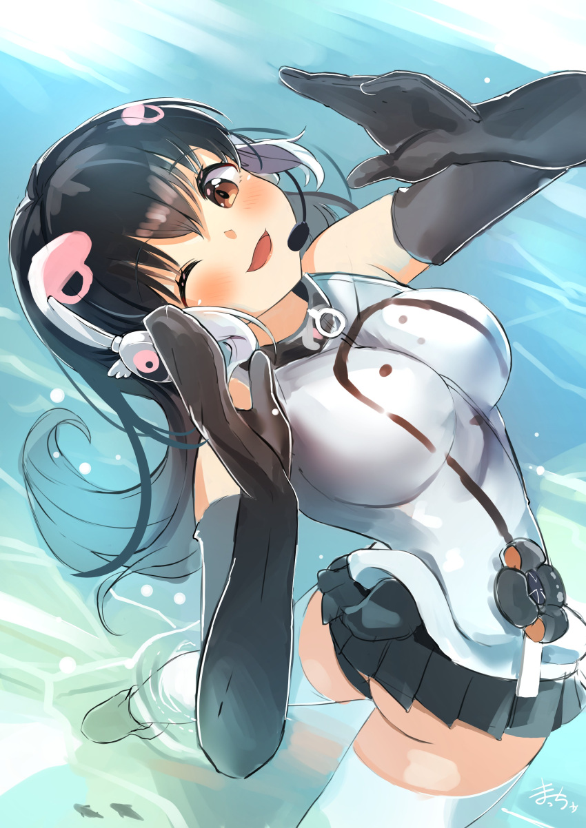 1girl absurdres african_penguin_(kemono_friends) arched_back ass bangs bare_shoulders black_gloves black_hair blush breasts brown_eyes dragon_star2 elbow_gloves eyebrows_visible_through_hair fisheye from_above gloves hair_ornament hands_up headset highres impossible_clothes impossible_jacket jacket kemono_friends kemono_friends_v_project large_breasts leaning_back legs_apart long_hair looking_at_viewer microskirt one_eye_closed open_mouth panties penguin_tail sketch skirt sleeveless sleeveless_jacket smile solo standing tail thigh-highs twisted_torso underwear virtual_youtuber wading water white_legwear zipper zipper_pull_tab