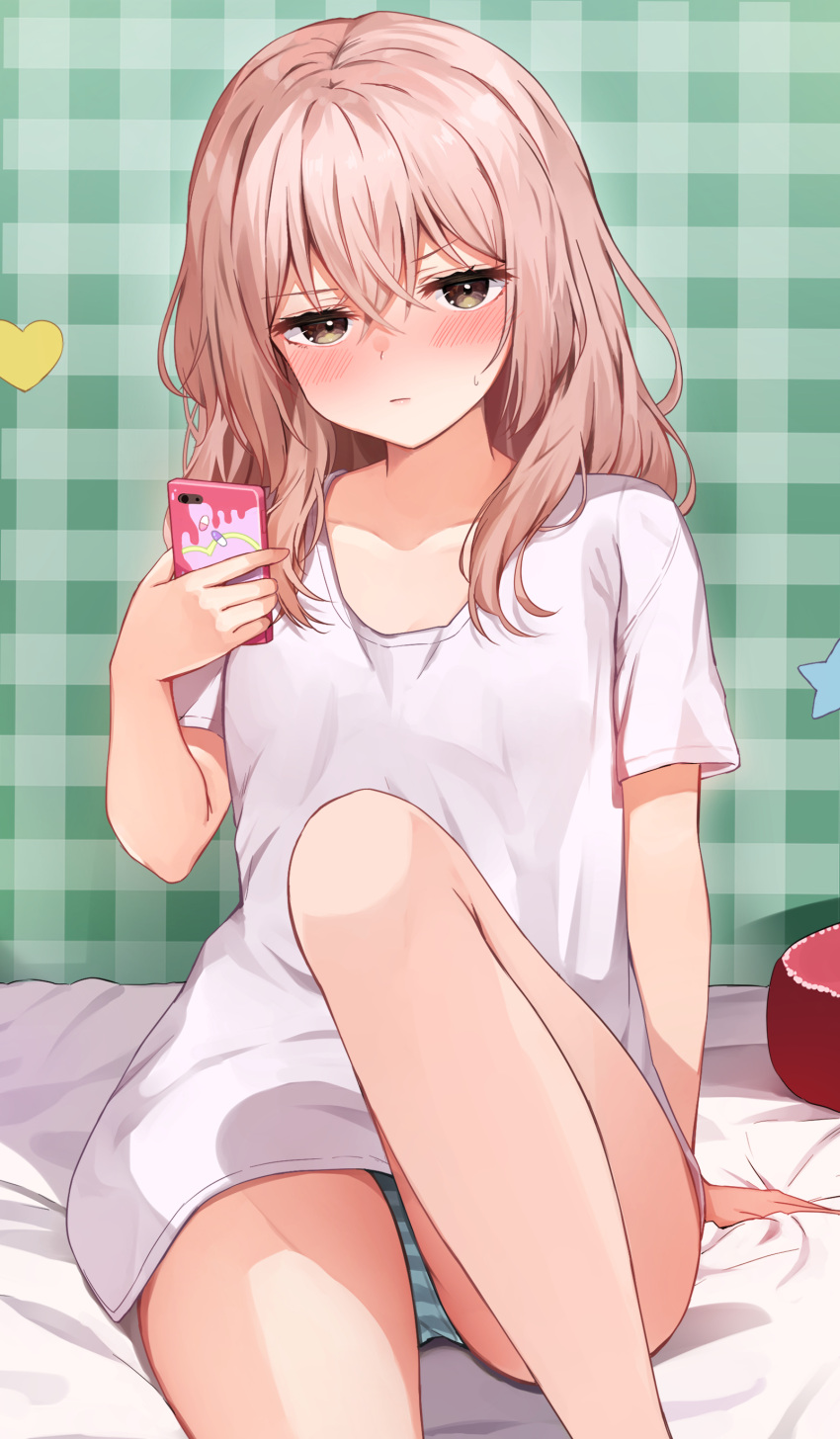 1girl absurdres arm_support bare_legs bed_sheet blush brown_eyes cellphone closed_mouth commentary frown heart highres holding holding_phone inui_sajuna knee_up looking_at_viewer on_bed oversized_clothes panties phone pillow pink_hair plaid plaid_background racchi. shirt sitting smartphone solo sono_bisque_doll_wa_koi_wo_suru star_(symbol) striped striped_panties t-shirt underwear white_shirt