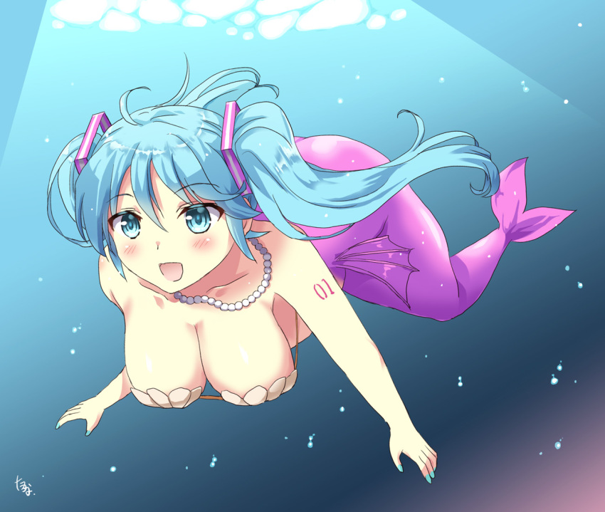 1girl :d aqua_eyes aqua_hair bare_shoulders blush breasts collarbone commentary_request hatsune_miku jewelry large_breasts long_hair mermaid mikecha monster_girl monsterification necklace open_mouth pearl_necklace shell shell_bikini smile solo twintails underwater vocaloid