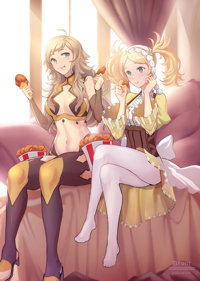 2girls absurdres ahoge asymmetrical_bangs bangs bare_shoulders blonde_hair blue_eyes bridal_gauntlets chicken_(food) chicken_leg commission commissioner_upload corset eating fire_emblem fire_emblem_awakening fire_emblem_fates food fried_chicken grandmother_and_granddaughter grey_eyes headdress highres holding holding_food kfc leather lissa_(fire_emblem) long_hair looking_at_another multiple_girls navel non-web_source ophelia_(fire_emblem) pantyhose shiro_font turtleneck twintails