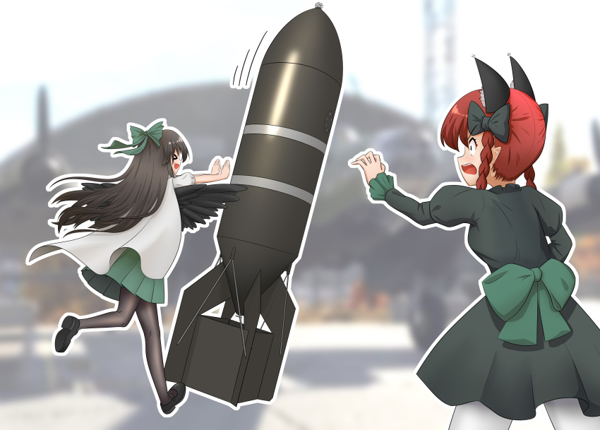 &gt;_&lt; 2girls :d absurdres animal_ear_fluff animal_ears back_bow bird_wings black_bow black_footwear black_hair black_legwear black_wings blurry blurry_background bow braid cape cat_ears cowboy_shot dress extra_ears feathered_wings from_behind full_body green_bow green_dress hair_bow highres ju87r_(tvp1178) juliet_sleeves kaenbyou_rin long_hair long_sleeves looking_at_another multiple_girls nuclear_weapon open_mouth outline outstretched_arms pantyhose pleated_skirt pointy_ears profile puffy_short_sleeves puffy_sleeves pushing red_eyes redhead reiuji_utsuho sanpaku short_sleeves sideways_mouth skirt smile teeth touhou twin_braids twintails upper_teeth very_long_hair white_cape white_legwear white_outline wings xd