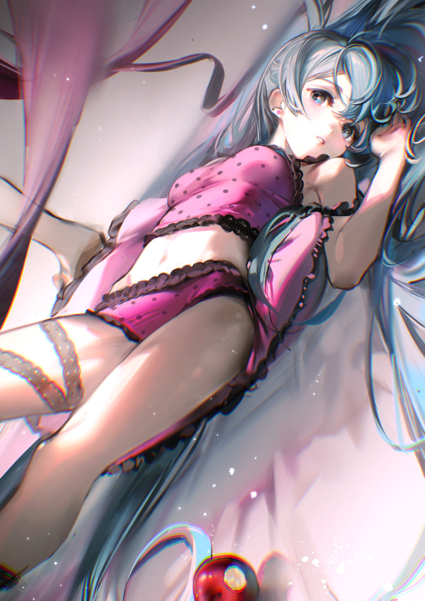 1girl absurdres apple bare_arms bare_shoulders bed_sheet blue_eyes blue_hair breasts camisole dutch_angle earrings food fruit hatsune_miku highres jewelry lace-trimmed_camisole lace_trim long_hair lying medium_breasts navel on_back on_bed panties parted_lips pillow pink_panties polka_dot polka_dot_panties rumoon solo thigh_strap underwear very_long_hair vocaloid