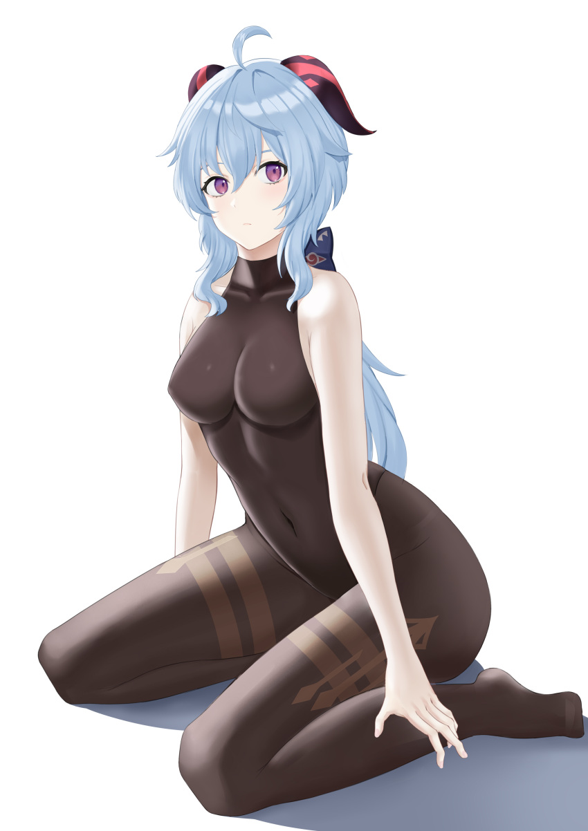 1girl absurdres ahoge ailae bangs bare_arms black_legwear black_leotard blue_hair bodystocking bodysuit bow breasts covered_navel ganyu_(genshin_impact) genshin_impact highres horns leotard leotard_under_clothes long_hair looking_at_viewer low_ponytail medium_breasts no_gloves no_shoes sidelocks sitting sleeveless soles solo thighlet thighs violet_eyes wariza white_background