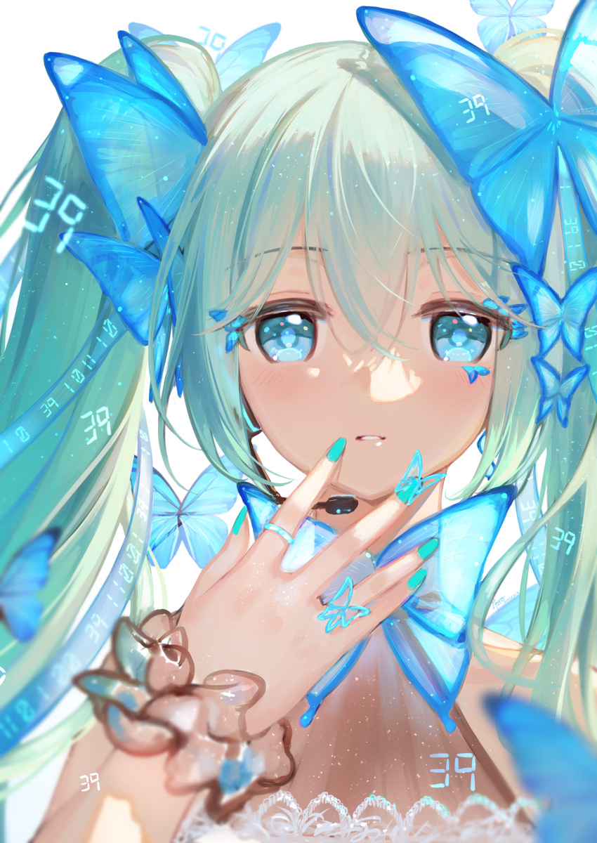 1girl 39 absurdres animal aqua_hair bangs bare_shoulders blue_eyes blue_nails bug butterfly butterfly_hair_ornament commentary eyebrows_visible_through_hair hair_between_eyes hair_ornament hand_up hatsune_miku headset highres long_hair looking_at_viewer maya_g nail_polish parted_lips simple_background solo symbol-only_commentary twintails upper_body vocaloid white_background