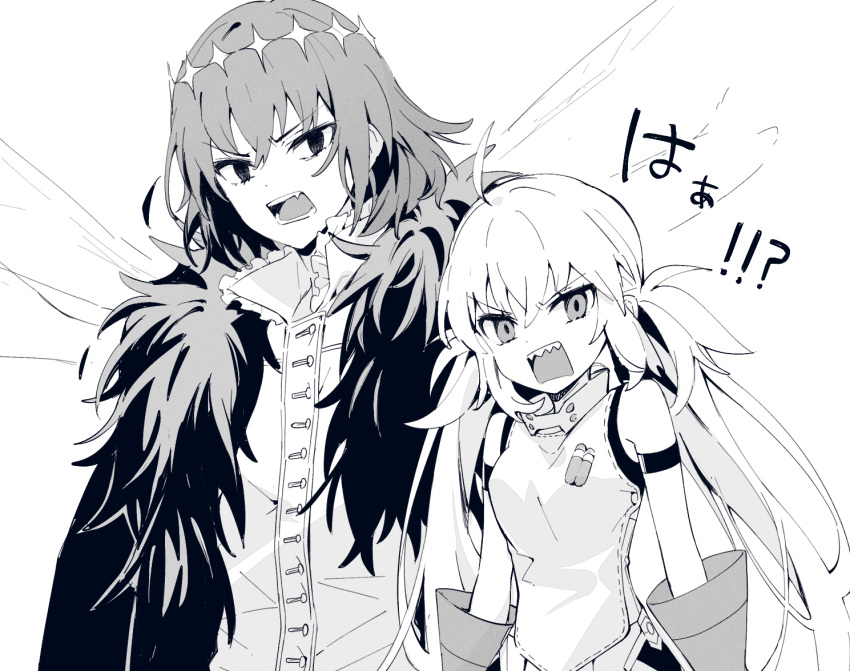1boy 1girl ahoge angry artoria_pendragon_(caster)_(fate) artoria_pendragon_(fate) cape dress fate/grand_order fate_(series) fur_trim gloves greyscale insect_wings monochrome oberon_(fate) sharp_teeth sleeveless sleeveless_dress teeth twintails wings yuui1994