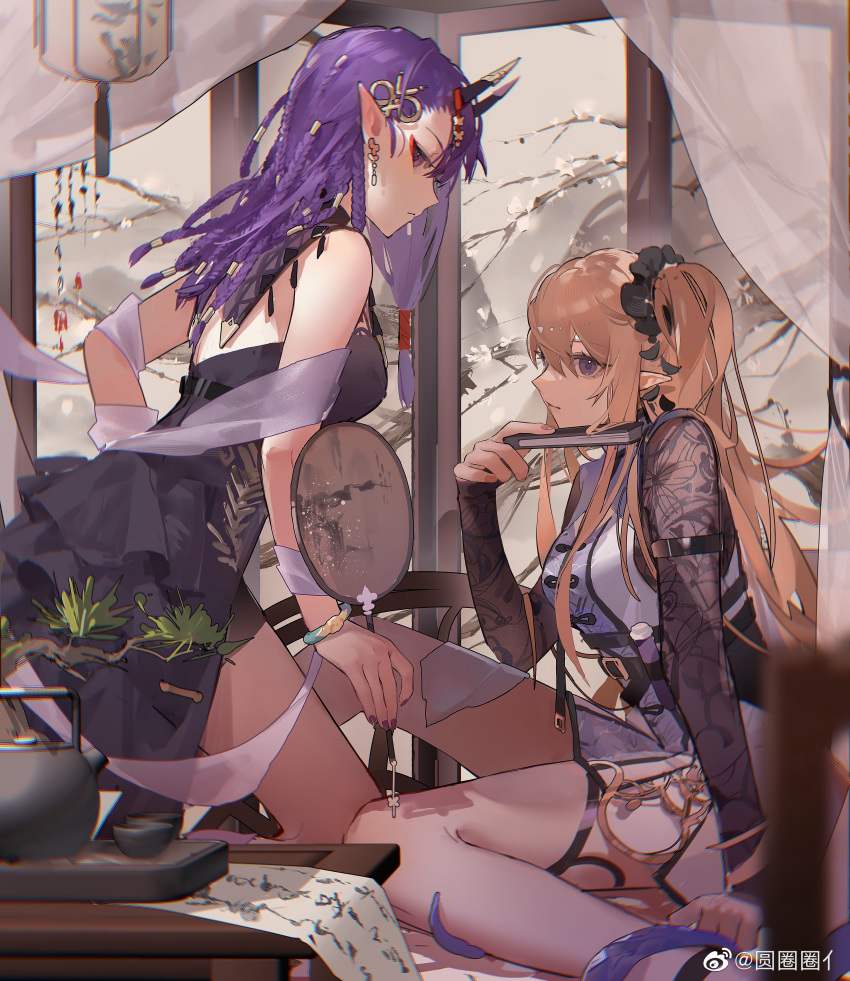 2girls absurdres arknights bare_back black_dress branch brown_hair cup demon_horns dress ear_piercing folding_fan folding_screen hair_between_eyes hairlocs hand_fan highres holding holding_fan horns indigo_(arknights) indigo_(serene_day)_(arknights) indoors knee_up kneeling lava_(arknights) lava_the_purgatory_(arknights) lava_the_purgatory_(dusk_wisteria)_(arknights) long_hair long_sleeves looking_at_viewer multiple_girls official_alternate_costume piercing pointy_ears purple_hair purple_shirt scroll shirt side_ponytail sideways_glance sitting teacup teapot violet_eyes weibo_username yuan_quanquan_ren