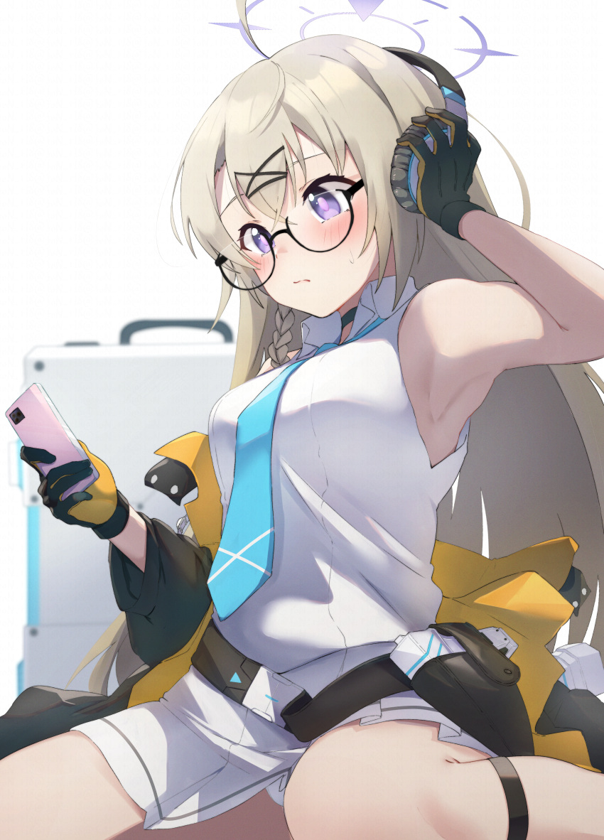 1girl 96nokimihito absurdres ahoge armpits bangs bare_shoulders belt black_belt black_gloves blue_archive blue_neckwear blush breasts cellphone closed_mouth collared_shirt eyebrows_visible_through_hair glasses gloves hair_ornament hairclip highres holding holding_phone kotama_(blue_archive) long_hair medium_breasts necktie phone shirt shorts sitting sleeveless sleeveless_shirt smartphone solo thigh_strap very_long_hair violet_eyes white_legwear white_shirt