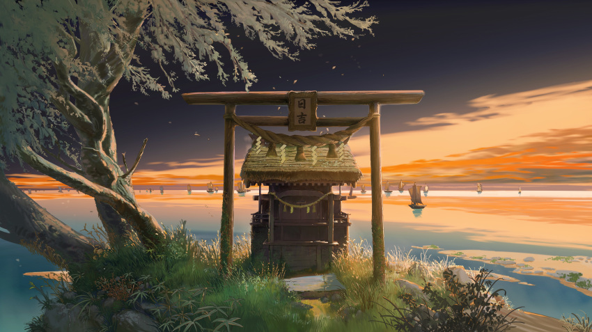 absurdres ashorz boat clouds commentary grass highres island leaf no_humans original outdoors rope scenery shrine torii translation_request tree water watercraft