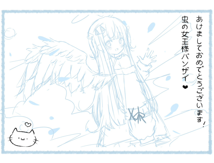 1girl :d amatsuka_uto angel angel_wings arm_up bangs blunt_bangs cat chibi commentary_request deyui eyebrows_visible_through_hair from_behind greeting_card hair_ornament hairclip halo heart indie_virtual_youtuber kanji katakana long_hair looking_back monochrome outline sketch smile solo very_long_hair virtual_youtuber waving white_background wings