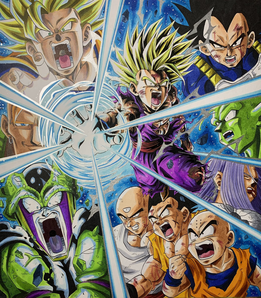 absolutely_everyone android_16 armor black_eyes black_hair blonde_hair blue_eyes cell_(dragon_ball) commentary_request dougi dragon_ball dragon_ball_(classic) dragon_ball_z everyone father-son_kamehameha father_and_son highres kamehameha kasuteraboy25 kuririn looking_at_another looking_at_viewer male_focus multiple_boys muscular open_mouth perfect_cell piccolo saiyan saiyan_armor scar serious son_gohan son_goku spiky_hair super_saiyan super_saiyan_2 tenshinhan torn_clothes trunks_(dragon_ball) trunks_(future)_(dragon_ball) vegeta yamcha