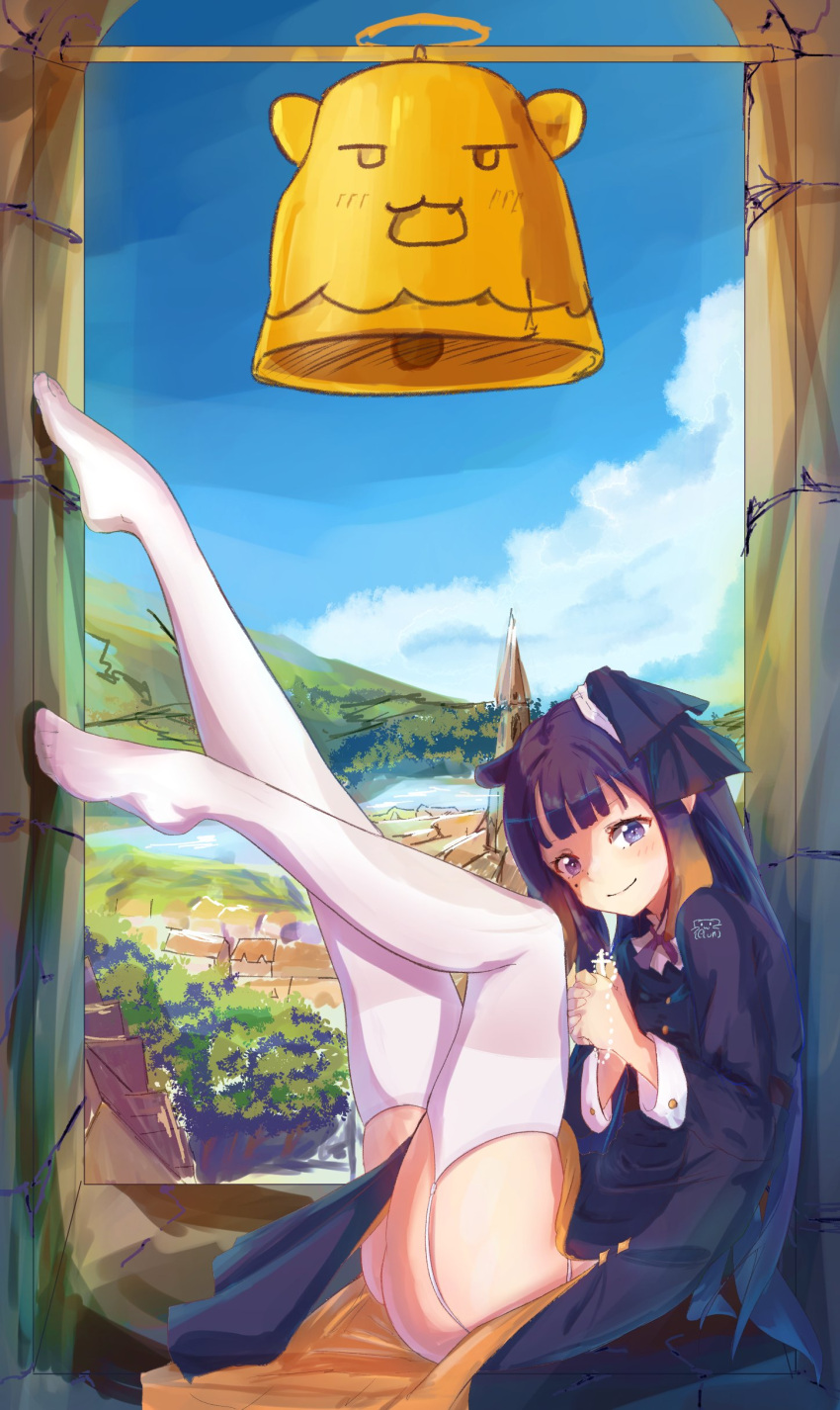 1girl absurdres against_wall alternate_costume bangs bell blunt_bangs clouds commentary cross drawing elun_(elun_00) english_commentary garter_straps gradient_hair halo highres hololive hololive_english legs_up long_hair looking_at_viewer mole mole_under_eye multicolored_hair ninomae_ina'nis nun orange_hair outdoors pointy_ears purple_hair scenery sidelocks sitting sky solo tako_(ninomae_ina'nis) tentacle_hair thigh-highs town tree very_long_hair violet_eyes virtual_youtuber white_legwear zettai_ryouiki