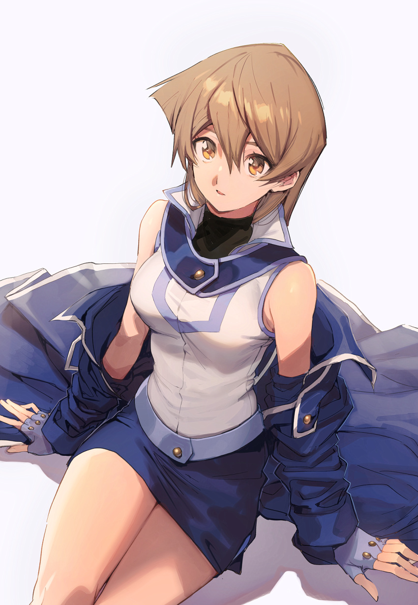 1girl aoki63111 arm_up artist_name blonde_hair blue_background blue_footwear blue_sailor_collar blue_skirt brown_eyes closed_mouth duel_academy_uniform_(yu-gi-oh!_gx) floating_hair from_side full_body highres jacket long_hair miniskirt sailor_collar shadow sketch skirt sleeveless sleeveless_jacket smile solo straight_hair tenjouin_asuka two-tone_background very_long_hair white_background white_jacket yu-gi-oh! yu-gi-oh!_gx yuu-gi-ou yuu-gi-ou_gx