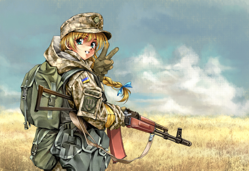 1girl ak-74 assault_rifle backpack bag blonde_hair blue_eyes braid camouflage camouflage_headwear camouflage_jacket clouds day field gloves green_gloves green_headwear green_jacket gun hat highres holding holding_gun holding_weapon hood hooded_jacket jacket kalashnikov_rifle long_braid long_hair long_sleeves longmei_er_de_tuzi magazine_(weapon) military military_uniform original outdoors rifle single_braid solo symbol-only_commentary tactical_clothes ukraine uniform v weapon