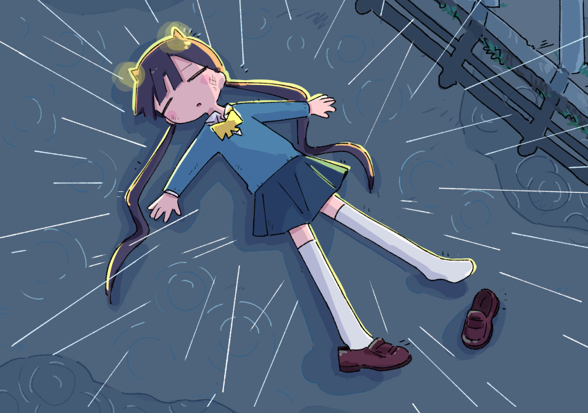 1girl 1nupool black_hair blush_stickers closed_eyes commentary glowing_horns highres horns loafers long_hair lying on_back on_ground original outdoors puddle rain school_uniform shoes shoes_removed solo thigh-highs twintails white_legwear