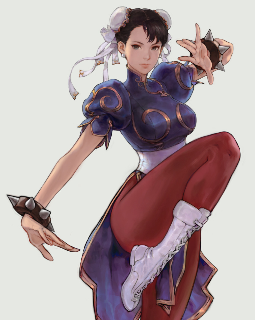 1girl absurdres bangs black_hair blue_eyes boots bracelet breasts bun_cover china_dress chinese_clothes chun-li closed_mouth commentary_request cross-laced_footwear double_bun dress earrings fighting_stance gold_trim highres jewelry knee_boots lace-up_boots leg_up lips looking_at_viewer medium_breasts pantyhose puffy_short_sleeves puffy_sleeves shiny shiny_hair short_sleeves simple_background spiked_bracelet spikes street_fighter street_fighter_ii_(series) tied_hair wave_61 white_footwear