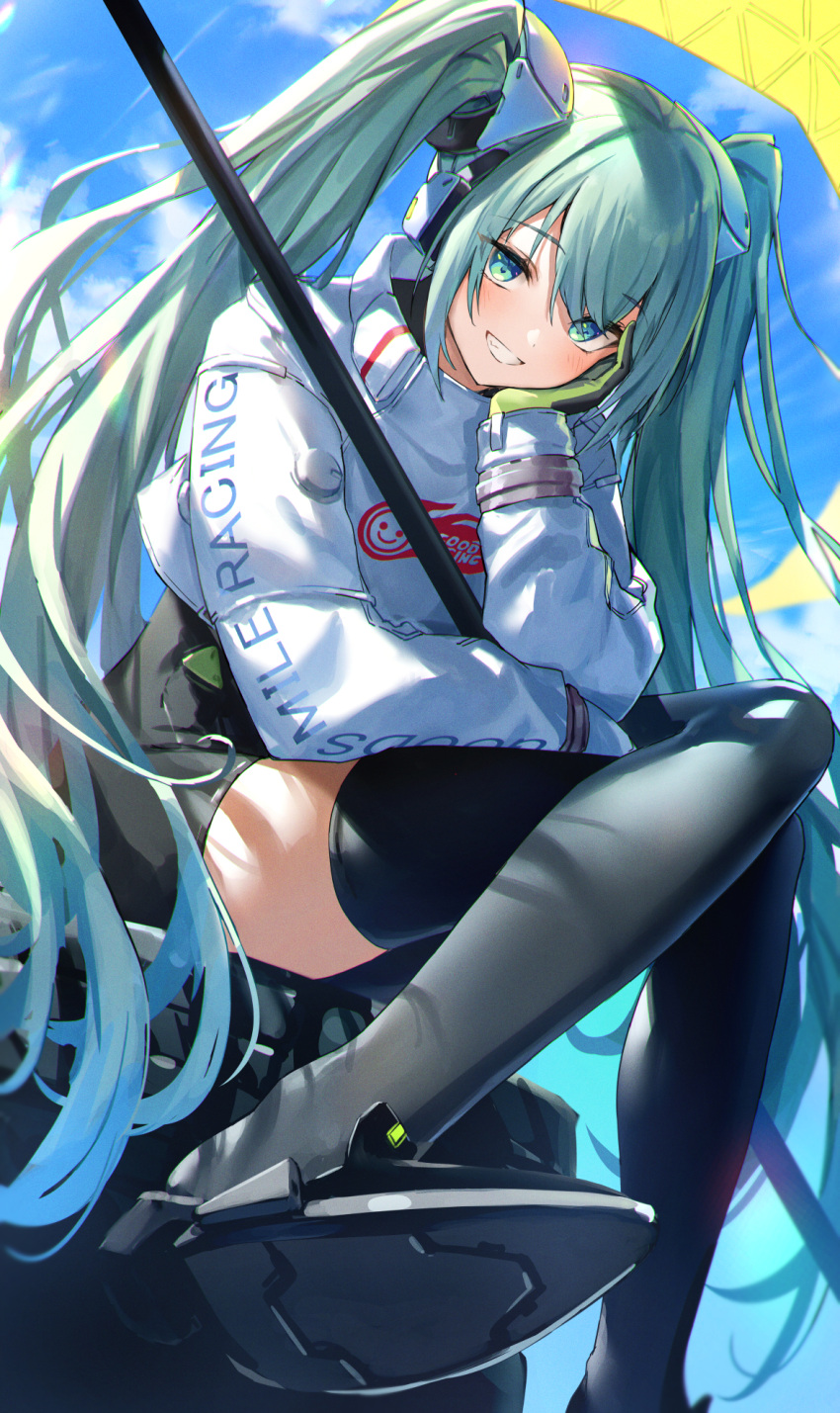 1girl :d aqua_eyes aqua_hair bangs black_bodysuit black_footwear black_legwear blue_sky blush bodysuit clenched_teeth clothes_writing clouds crop_top day eyebrows_visible_through_hair flag gloves green_gloves grin hand_on_own_cheek hand_on_own_face hatsune_miku highres jacket kakutasu long_hair long_sleeves looking_at_viewer outdoors parted_lips racing_miku racing_miku_(2022) shoe_soles shoes single_thighhigh sitting sky smile solo teeth thigh-highs twintails very_long_hair vocaloid white_jacket