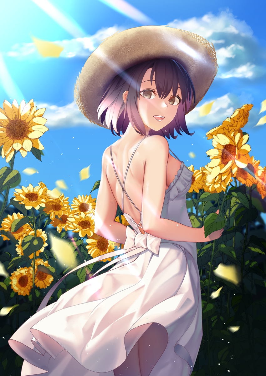 1girl :d bangs black_hair blue_sky blurry breasts brown_eyes brown_headwear clouds depth_of_field dress field flower flower_field from_behind hat highres katou_megumi light_rays looking_at_viewer looking_back open_mouth outdoors saenai_heroine_no_sodatekata short_hair sky smile solo standing straw_hat sundress sunlight teeth white_dress yabai-san yellow_flower