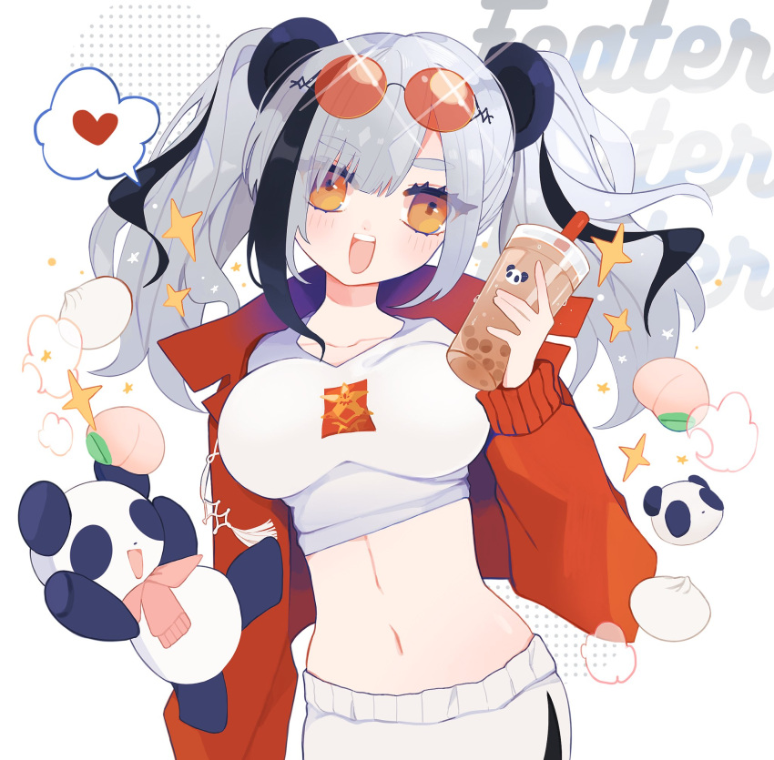 1girl :d animal_ears arknights baozi black_hair blush breasts bubble_tea character_name collarbone cowboy_shot cup disposable_cup drinking_straw feater_(arknights) feater_(gourmet)_(arknights) food grey_hair heart highres holding holding_cup jacket large_breasts long_hair midriff multicolored_hair navel official_alternate_costume open_clothes open_jacket open_mouth orange_eyes panda panda_ears pants qmo_(cloud_2fuwa) red_jacket red_shirt shirt smile solo speech_bubble spoken_heart streaked_hair teeth thick_eyebrows twintails upper_teeth white_pants