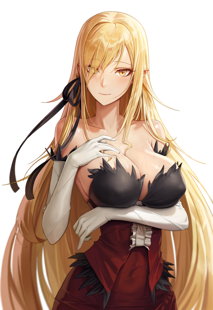 1girl absurdres arm_under_breasts bakemonogatari bangs bare_shoulders black_ribbon blonde_hair breasts closed_mouth collarbone commentary covered_navel cryturtle dress elbow_gloves eyes_visible_through_hair gloves hair_over_one_eye hair_ribbon hand_on_own_chest highres kiss-shot_acerola-orion_heart-under-blade kizumonogatari large_breasts long_hair looking_at_viewer monogatari_(series) pointy_ears red_dress ribbon shiny shiny_hair simple_background skindentation slit_pupils solo strapless strapless_dress upper_body vampire very_long_hair white_background white_gloves yellow_eyes