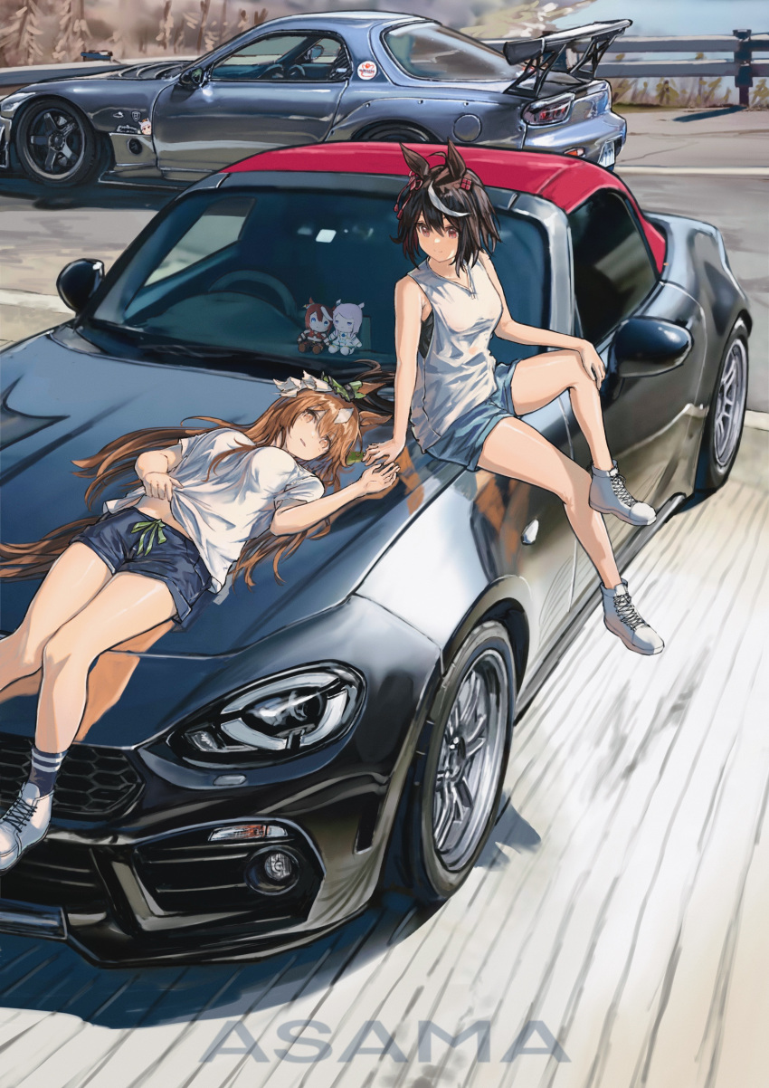 2girls absurdres animal_ears artist_name asama_(drift_in) bare_arms black_hair blue_legwear blue_shorts breasts brown_eyes brown_hair car character_doll clothes_lift day ground_vehicle guard_rail hair_ornament high_tops highres horse_ears horse_girl horse_tail kitasan_black_(umamusume) long_hair looking_at_another looking_at_viewer medium_breasts mejiro_mcqueen_(umamusume) motor_vehicle multicolored_hair multiple_girls on_vehicle open_mouth outdoors red_eyes satono_diamond_(umamusume) shirt shirt_lift shoes short_hair shorts sitting sleeveless sleeveless_shirt small_breasts smile sneakers socks streaked_hair symbol-only_commentary tail tokai_teio_(umamusume) umamusume v-neck vehicle_request watermark white_footwear white_shirt