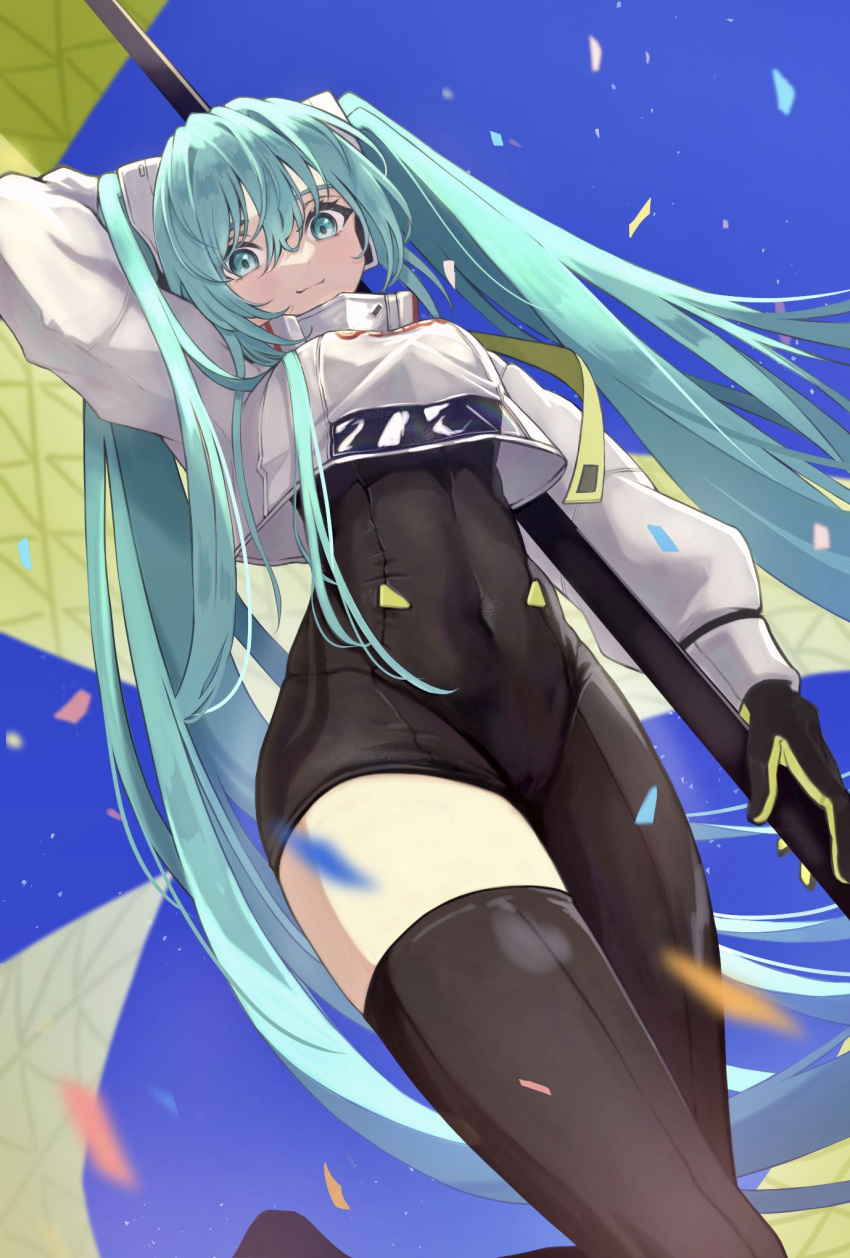 1girl aqua_eyes aqua_hair asymmetrical_bodysuit black_bodysuit blush bodysuit boots breasts closed_mouth commentary confetti covered_navel crop_top crop_top_overhang cropped_jacket flag flagpole flame_print from_below gloves goodsmile_company green_gloves haruwo hatsune_miku highres holding holding_flag holding_pole long_hair looking_at_viewer medium_breasts pole racing_miku racing_miku_(2022) revision single_thigh_boot sky smile smiley_face solo thigh-highs thigh_boots twintails very_long_hair vocaloid