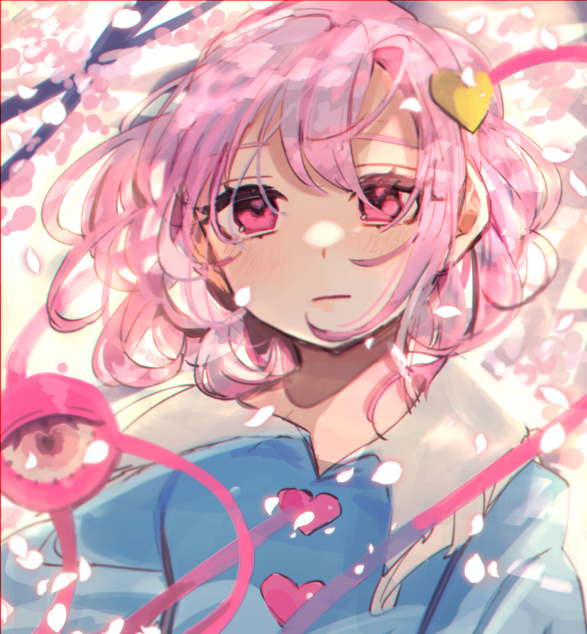 1girl absurdres arms_at_sides blouse blue_blouse blush buttons cherry_blossoms closed_mouth commentary eyebrows_visible_through_hair hair_ornament heart heart_button heart_hair_ornament highres komeiji_satori light_frown looking_at_viewer pink_eyes pink_hair pink_theme portrait shi_chimi short_hair solo third_eye touhou