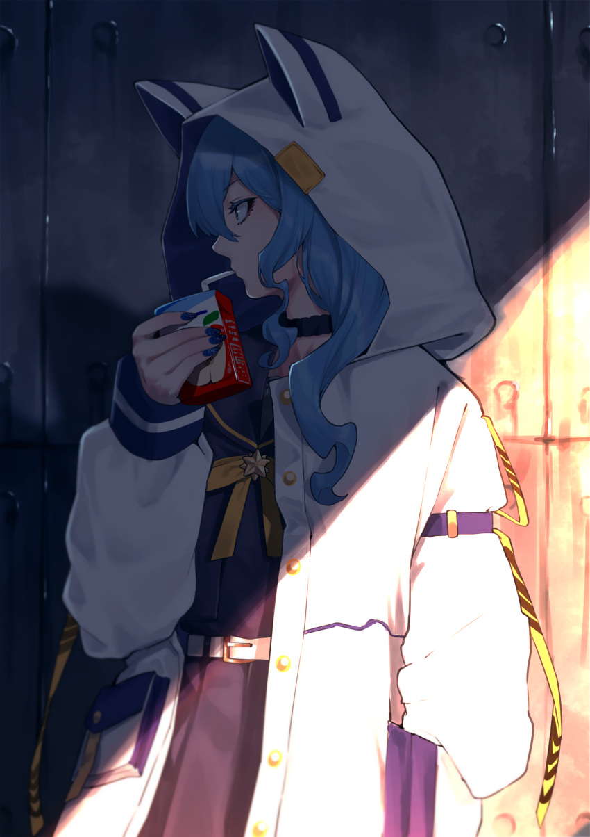1girl absurdres bangs belt blue_choker blue_hair blue_nails blue_sailor_collar blue_shirt blue_skirt bow bowtie choker drinking_straw_in_mouth highres holding hololive hood hood_up hooded_jacket hoshimachi_suisei jacket juice_box long_hair long_sleeves looking_away looking_to_the_side mikan_(chipstar182) nail_polish open_clothes open_jacket profile sailor_collar shirt skirt solo virtual_youtuber white_belt white_jacket yellow_bow yellow_bowtie
