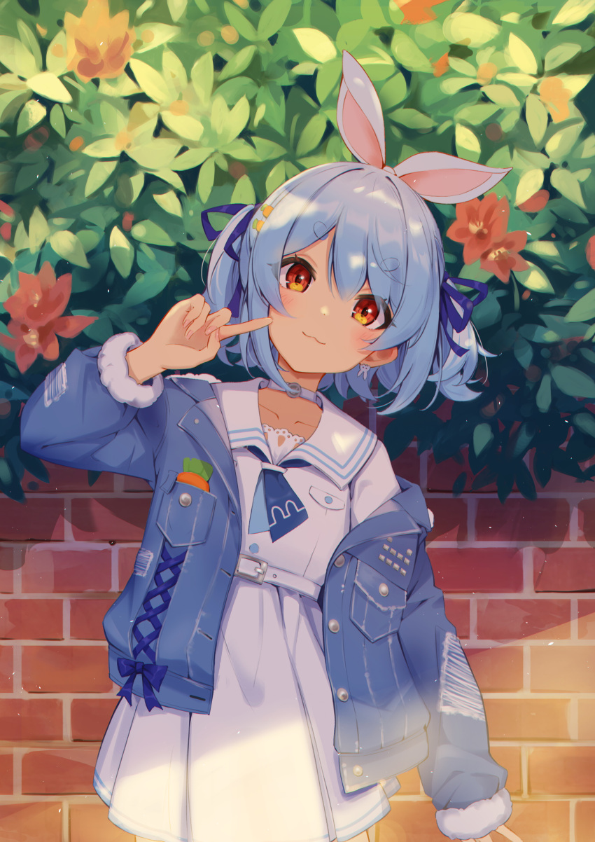 1girl :3 absurdres bangs blue_hair blue_jacket blue_neckerchief blue_ribbon blush brick_wall bunny_earrings choker closed_mouth earrings eyebrows_visible_through_hair flower hair_ornament hair_ribbon hand_up highres hololive index_finger_raised jacket jewelry long_sleeves looking_at_viewer multicolored_hair neckerchief open_clothes open_jacket plant red_eyes red_flower ribbon sailor_collar shirt short_eyebrows shyi skirt solo streaked_hair thick_eyebrows usada_pekora virtual_youtuber white_choker white_hair white_sailor_collar white_shirt white_skirt