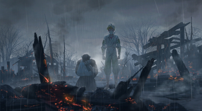 2boys arm_sling arms_at_sides bare_tree beni_(pokemon) black_hair blurry character_request clenched_hands clouds commentary_request dirty embers green_hair hand_on_own_head head_down highres jacket kneeling looking_down male_focus mask meipu_hm mouth_mask multiple_boys outdoors pants pokemon pokemon_(game) pokemon_legends:_arceus rain ruins short_hair standing tree