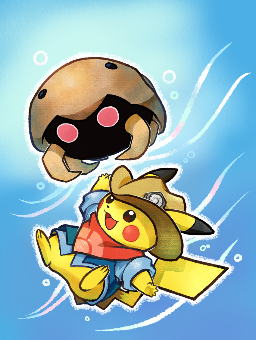 :d brown_eyes brown_headwear clothed_pokemon commentary_request hat hatted_pokemon highres kabuto_(pokemon) official_art open_mouth outstretched_arms pikachu pokemon shirt sleeves_rolled_up smile tongue vest