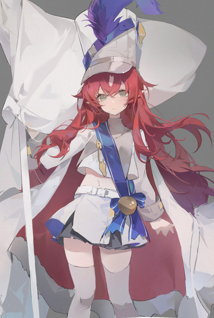 1girl apple arknights bangs belt blue_bow bow cape closed_mouth crop_top eyebrows_visible_through_hair feathers feet_out_of_frame flag food fruit green_eyes grey_background grey_shirt grey_skirt hat_ornament highres layered_skirt long_hair long_sleeves midriff miniskirt myrtle_(arknights) myrtle_(light_gold_celebration)_(arknights) navel official_alternate_costume pointy_ears redhead sash shirt simple_background skirt solo standing thigh-highs tracyton very_long_hair white_cape white_headwear zettai_ryouiki