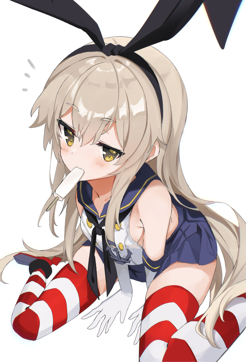 1girl absurdres anchor_hair_ornament bangs black_neckerchief blonde_hair blue_sailor_collar blue_skirt blush breasts commentary eyebrows_visible_through_hair fathom food hair_ornament hairband highres kantai_collection long_hair looking_at_viewer mouth_hold neckerchief notice_lines pleated_skirt popsicle rudder_footwear sailor_collar shimakaze_(kancolle) simple_background sitting skirt sleeveless small_breasts solo striped striped_legwear thigh-highs very_long_hair yellow_eyes