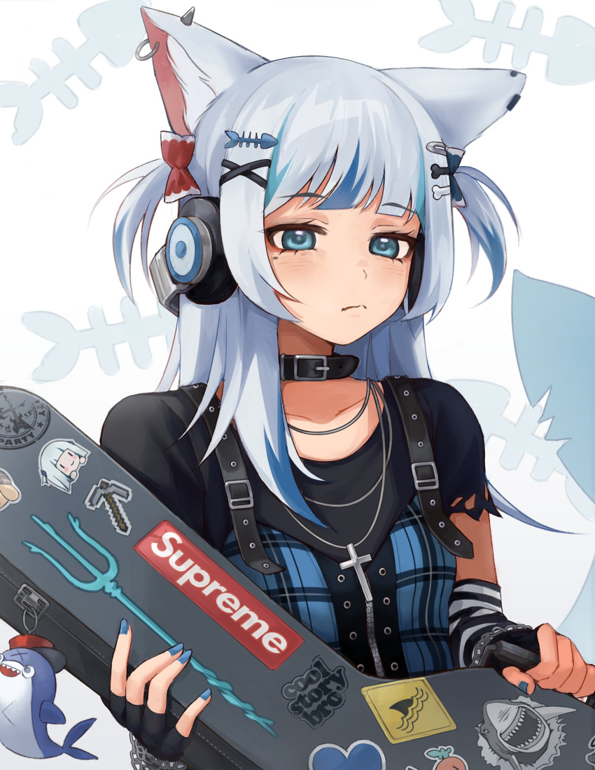 1girl :/ absurdres animal_ears arm_warmers black_collar black_shirt bloop_(gawr_gura) blue_eyes blue_nails blue_vest bone_hair_ornament bow bracelet cat_ears cat_girl character_doll collar cross cross_necklace ear_piercing fingerless_gloves fish_hair_ornament fish_skeleton gawr_gura gloves guitar_case hair_bow hair_ornament hairclip headphones highres hikkishi holding hololive hololive_english instrument_case jewelry long_hair multicolored_hair necklace piercing shirt silver_hair solo streaked_hair supreme_(brand) two-tone_hair two_side_up upper_body vest virtual_youtuber